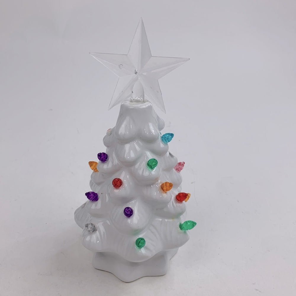 Ceramic Christmas Tree Small White Multicolored lights Star on top 7.5” tall